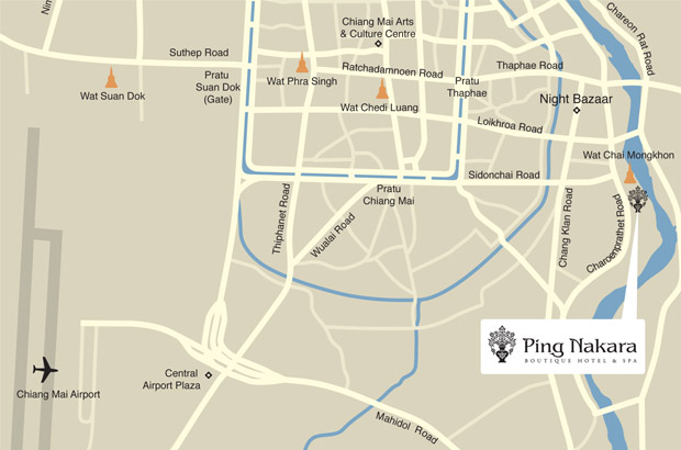 Map showing location of Ping Nakara Hotel and Nakara Spa, Chiang Mai