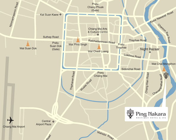 Map showing location of Ping Nakara Hotel, Chiang Mai